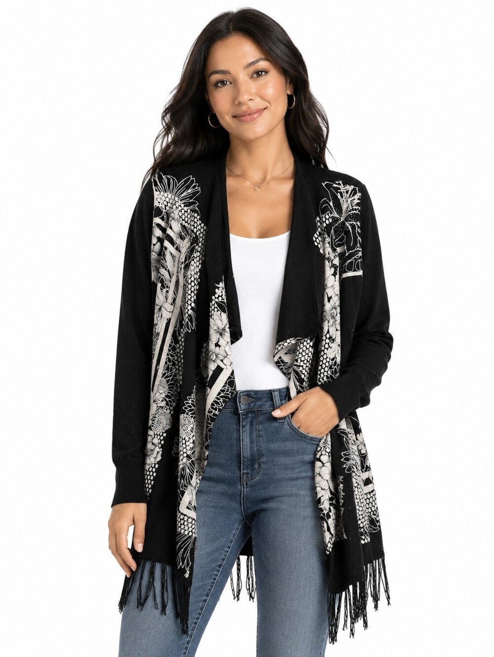 Desigual Women's Black Floral Open Front Fringe Cardigan Sweater Boho - XS